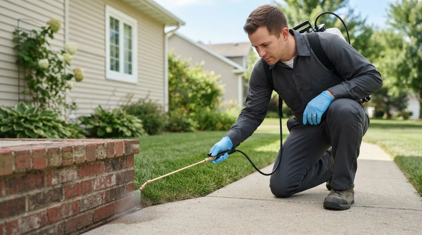 Pest control technician treating a home near Shepardsville, IN