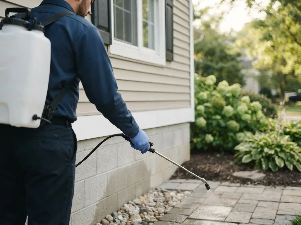 Pest control technician inspecting a home in Shepardsville, IN